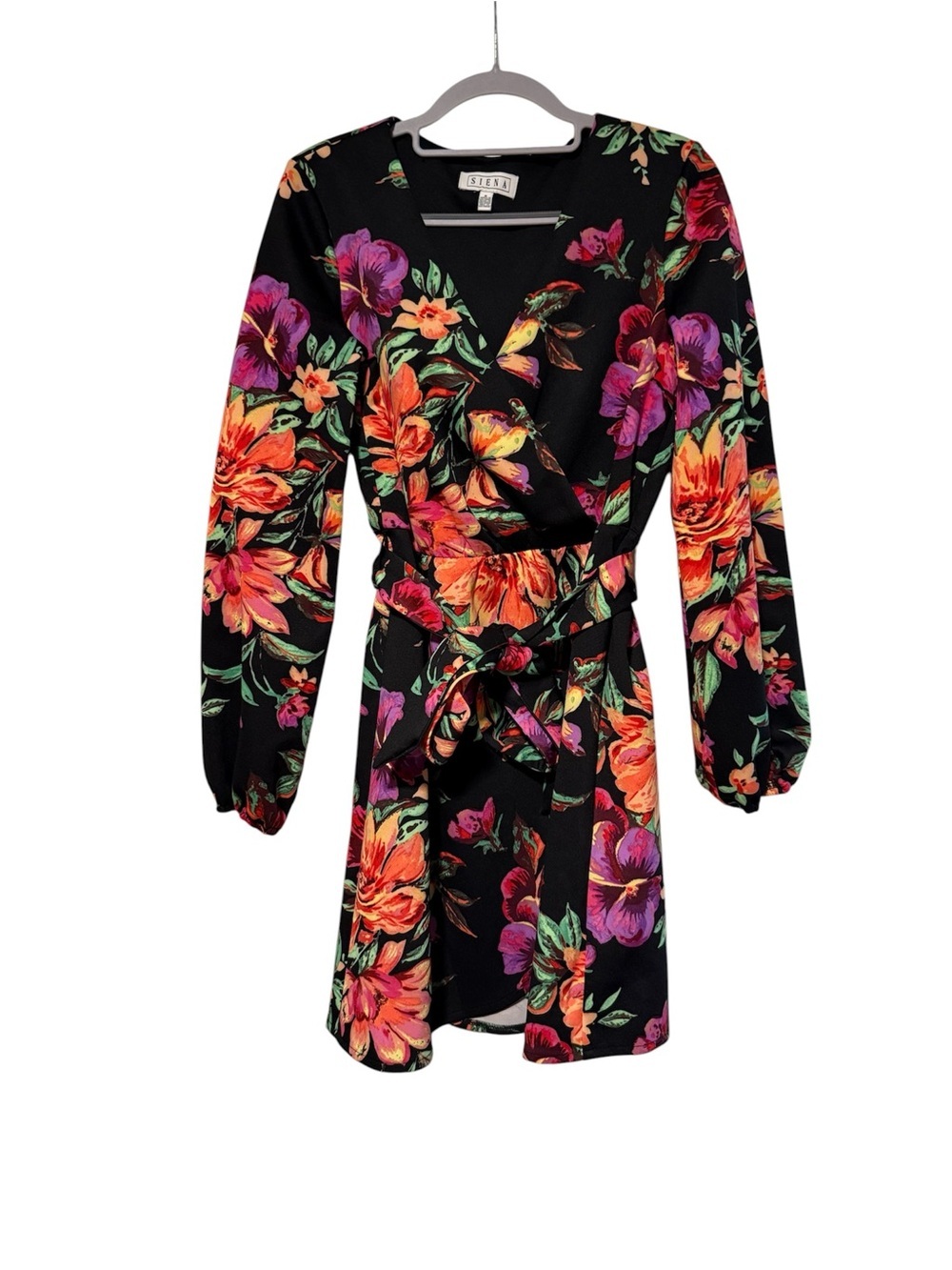 Siena Studio Black Floral Wrap Midi Dress with Orange & Purple Blooms - Picture 1 of 4